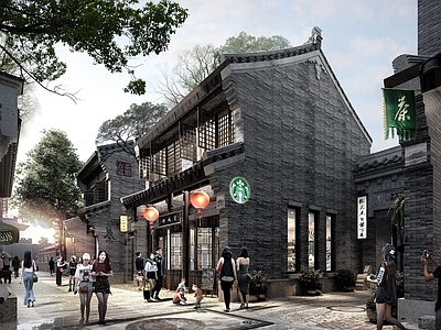 新中式商业街 晋派建筑风格 老街改造 方格板窗 马头墙 石鼓