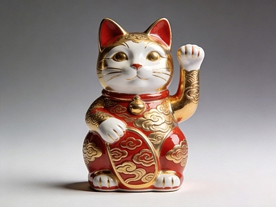 新中式其他摆件 招财猫 瓷器 雕塑 美陈 AI渲染