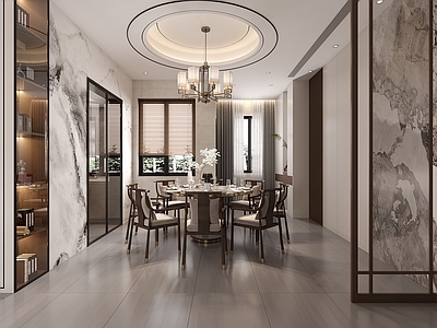 新中式家居餐厅 新中式餐厅 新中式吊灯 新中式隔断
