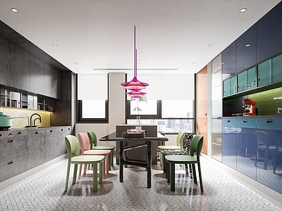 现代撞色风开放式厨房 餐厅 厨房 酒柜 混搭