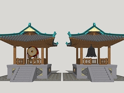 新中式寺庙建筑 钟鼓楼 钟楼 鼓楼 寺院亭子 凉亭