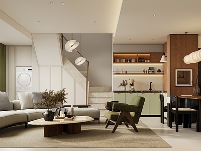 中古风客餐厅 沙发 西厨 吊灯 餐桌椅 楼梯
