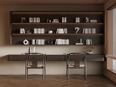 新中式书房 书房 书桌椅 壁挂式书架