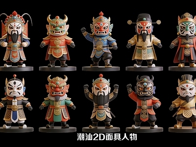 新中式摆件组合 潮汕2D面具人物