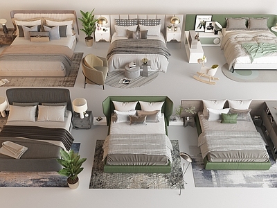 现代简约双人床 现代双人床组合 皮质双人床儿童床 北欧双人床床头柜 单椅花盆花盆吊灯 地毯床头灯抱枕