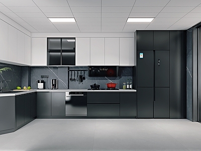 现代极简开放式厨房 现代厨房 橱柜 电器 油烟机 燃气灶