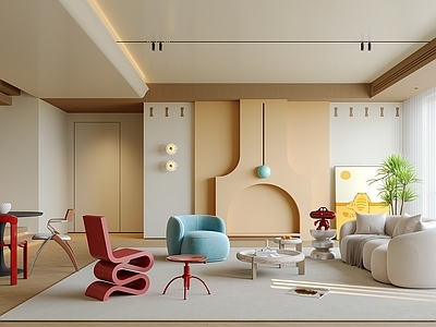 奶油风挑空客厅 多巴胺客餐厅 复式客餐厅