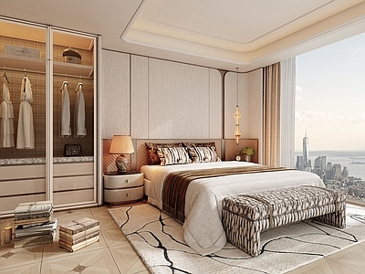 奶油风主卧 卧室 主卧 意式卧室 现代卧室 现代双人床组合