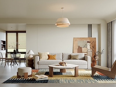 中古风别墅客餐厅 中古风客餐厅 沙发组合 挂画