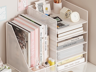 奶油风办公用品 书桌 书架 笔筒 书本 摆件