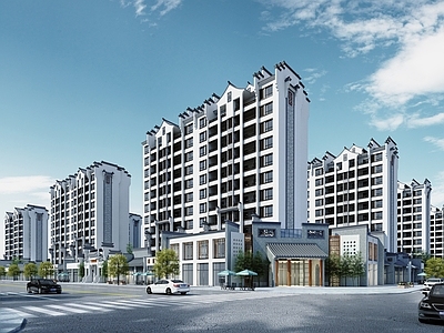 新中式小区建筑 徽派住宅 小区 商业街 沿街商业