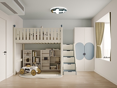 奶油风男孩房 男孩房 儿童房 现在简约 高低床 儿童衣柜