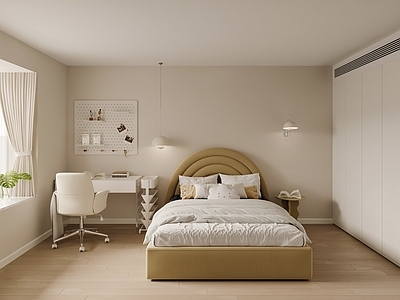 奶油风通用儿童房 儿童房 奶油卧室 双人床 书桌椅 次卧