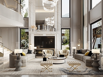 现代轻奢别墅客厅 法式轻奢别墅