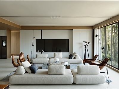 现代简约别墅客厅 原木客厅 原木电视墙 自然风电视墙 自然风客厅 森林系