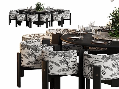 新中式餐椅 原木圆形餐桌椅 中古餐桌椅组合