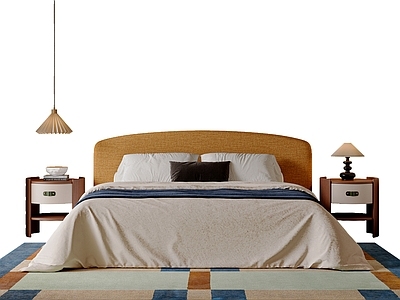 中古风双人床 主卧双人床 床头吊灯 床头柜