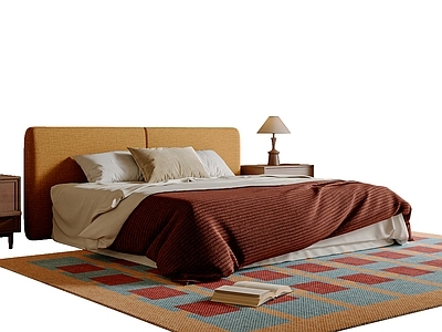 中古风双人床 床头柜 中古风台灯 中古风主卧双人床 布艺双人床