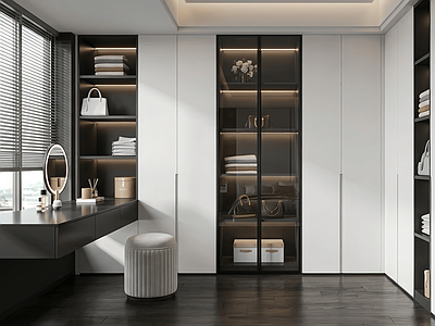 现代极简衣帽间 现代衣帽间  L型衣柜 梳妆台