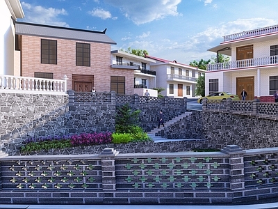 新中式文旅项目景观 和美屋场景观 乡村建筑 池塘景观 青砖围墙