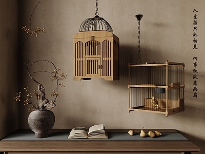 新中式摆件组合 新中式鸟笼 方形鸟笼 鸟笼组合