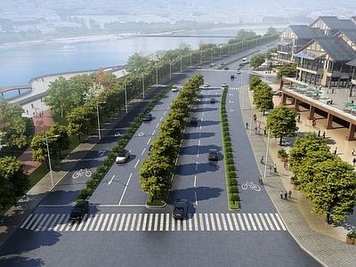 新中式车行道路 道路 沿河景观