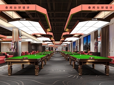 现代轻奢台球室 台球厅 台球杆 金腿银腿台球桌 现代台球室