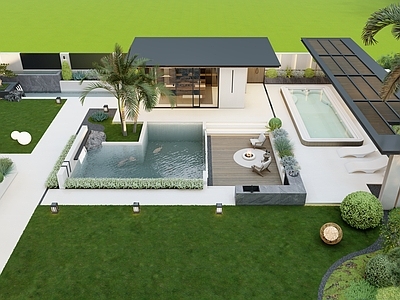 现代简约别墅庭院 现代庭院 景观亭 成品泳池 成品廊架 现代庭院水景