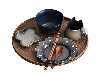 日式餐具 复古陶瓷餐具 木质托盘 木勺木筷子 酱料碗饭碗盘子 水杯杯子