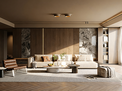 意式极简家居客厅 现代简约温馨客厅 木石背景墙  独特壁灯  L型沙发  书架木质大理石