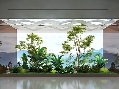 新中式室内景观 室内绿植景观小品 绿植堆小品 花坛 景观树