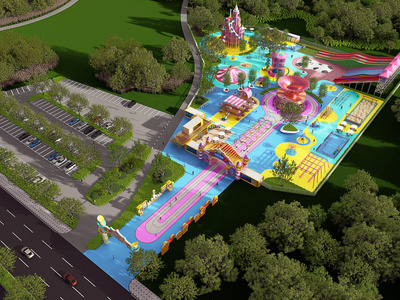 马卡龙色系童趣风格儿童游乐空间 无动力乐园 旋转木马 城堡滑梯 彩虹滑道 小摆锤