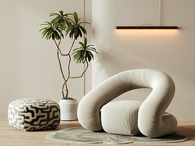 奶油风单人沙发 休闲椅 布艺单椅 脚踏 单人沙发