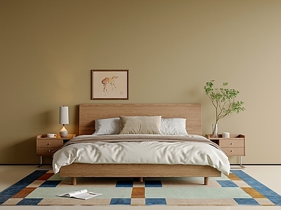 日式原木风双人床 奶油风双人床 主卧双人床 床头柜