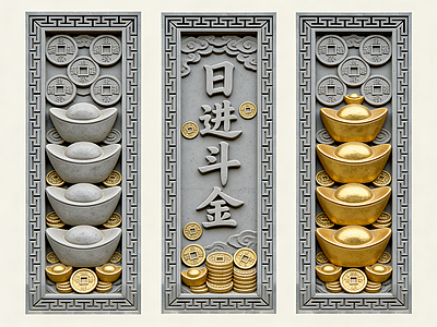 新中式浮雕 2D砖雕  日进斗金 石材雕花 景墙照壁  砖雕图案贴图