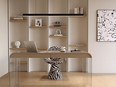 奶油风书房 现代书房 书桌 书桌椅 书架