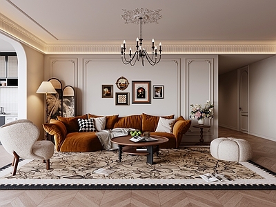 中古风家居客厅 法式中古客厅 单人沙发组合 屏风