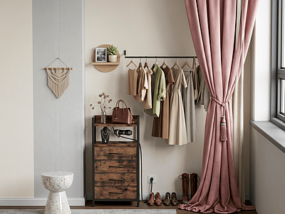 现代衣帽间 衣橱场景 边桌