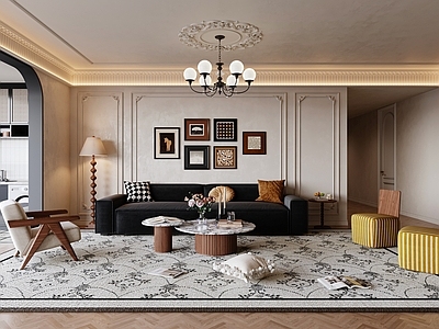 中古风家居客厅 法式中古客厅 沙发组合 单人椅