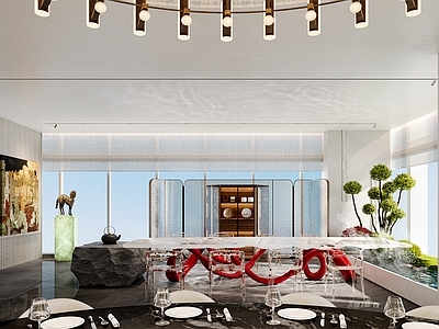 现代客餐厅 茶室 庭院 茶台 景观