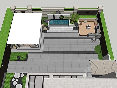 新中式别墅庭院 阳光房 景墙 吧台