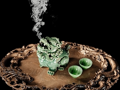 新中式摆件组合 麒麟香薰炉 龙纹托盘 中式摆件 茶杯