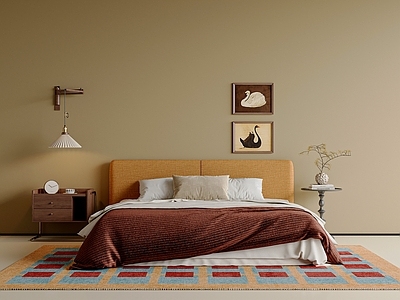 中古风双人床 主卧双人床 挂画 中古风床头柜