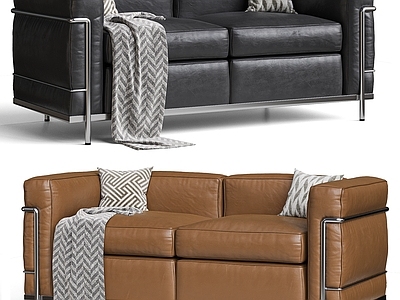 现代极简双人沙发 CASSINA 包豪斯双人沙发 柯布西耶沙发 LC2沙发 皮革不锈钢沙发