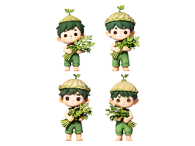 Q版卡通虚拟人物 艾草少年 清明节主题小品 卡通人物 现代雕塑摆件