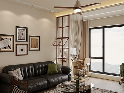 中古风客餐厅 中古客餐厅 奶油复古 沙发茶几 餐桌椅 地毯挂画