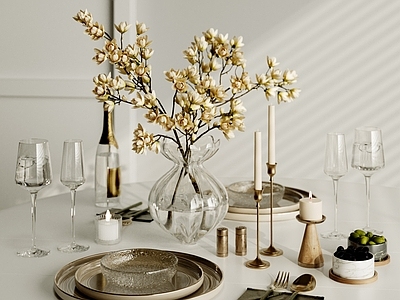 奶油风餐具 餐桌餐具摆件 花艺摆件 碗筷 水杯 碟