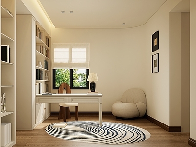 现代书房 书架 书桌 地毯 台灯