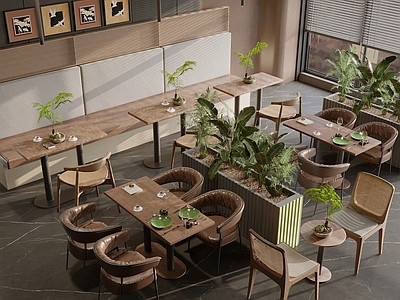 现代简约茶餐厅 餐厅桌椅 咖啡厅 卡座餐桌椅 咖啡厅桌椅 花箱