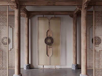 新中式梁柱节点 木梁 柱子 隔断 雕花横梁 古建木构件